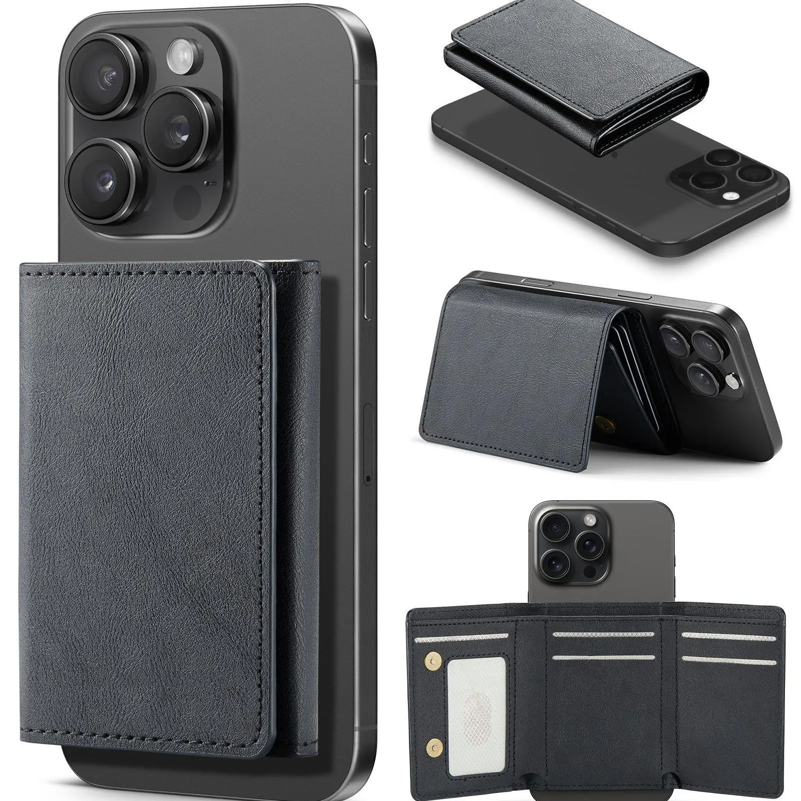 Quriov Magnetic card-inserting wallet/case with MagSafe magnetic ring, made of PU leather, compatible with iPhone 12/13/14/15/16. Cash Compact