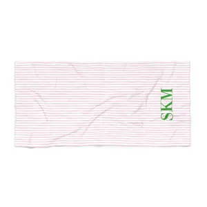 Pink & Green Striped Monogram Beach Towel, Personalized Name Towel, Custom Summer Pool Towel, Soft and Absorbent Vacation Towel