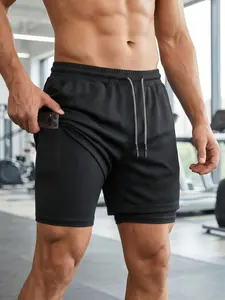 1 Pc Men's 2-in-1 Double Layer Athletic Shorts, Breathable athletic shorts, designed for outdoor sports, suitable for fitness and marathon training, features liner with inner pocket, stretch shorts for summer gym workout