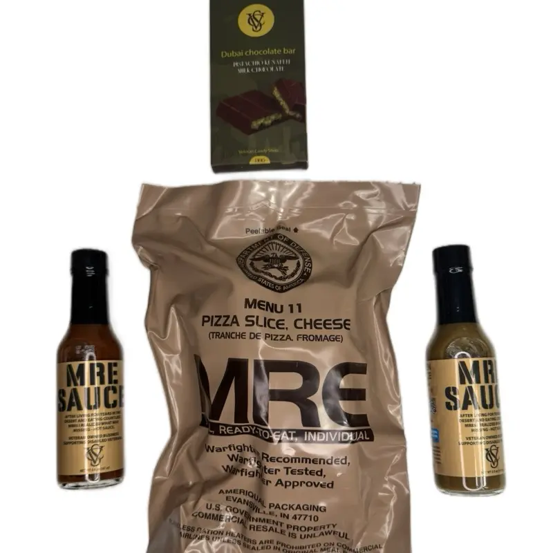 Ultimate Military Snack Bundle Includes mystery MRE, MRE Sauce (2-Pack), and Dubai Chocolate Bar Men Gift set hotsauce chocolate