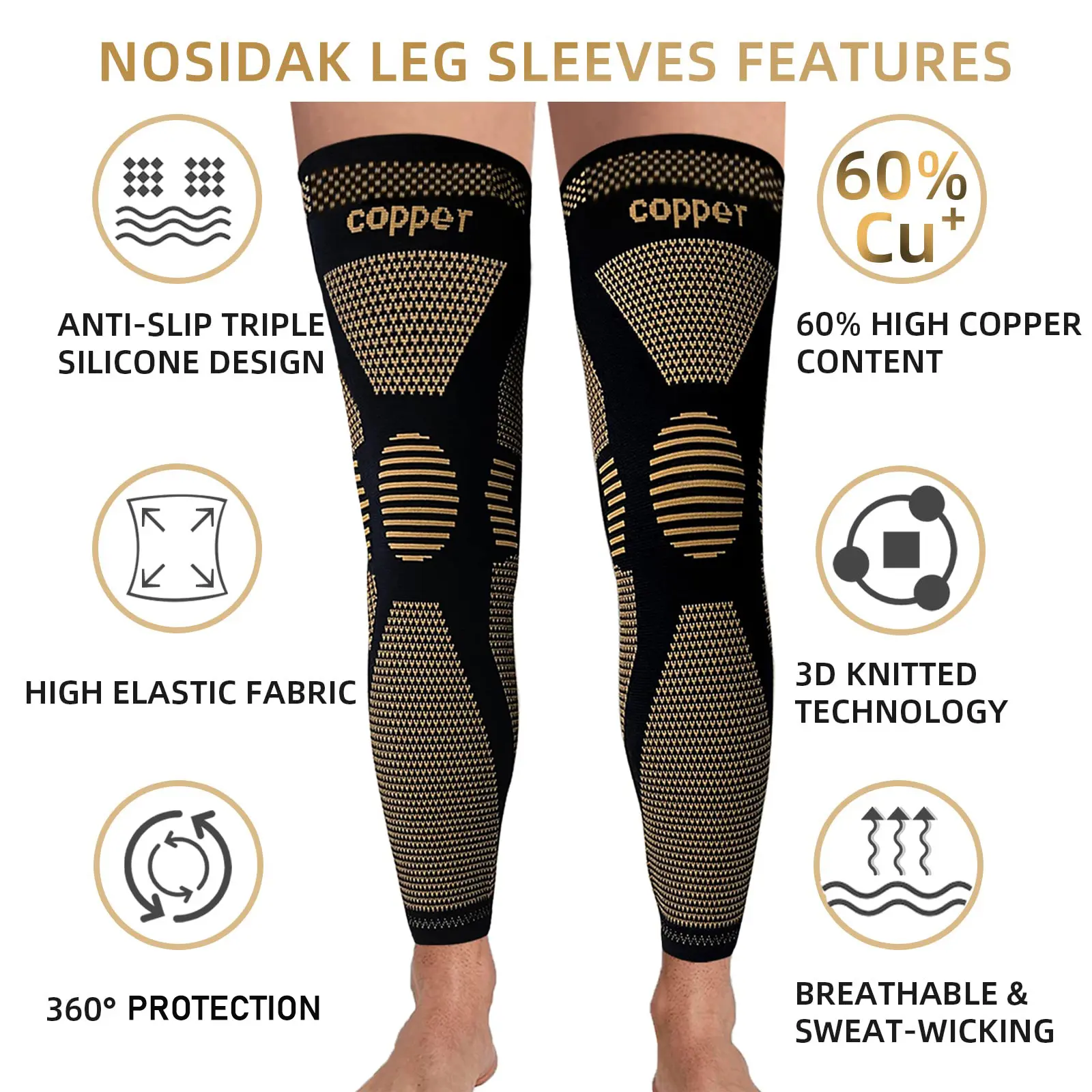 Copper Long Knee Braces with Nylon, Firm Joint Support, Reliable Knee Protection for Sports Fitness, 1 Set Included