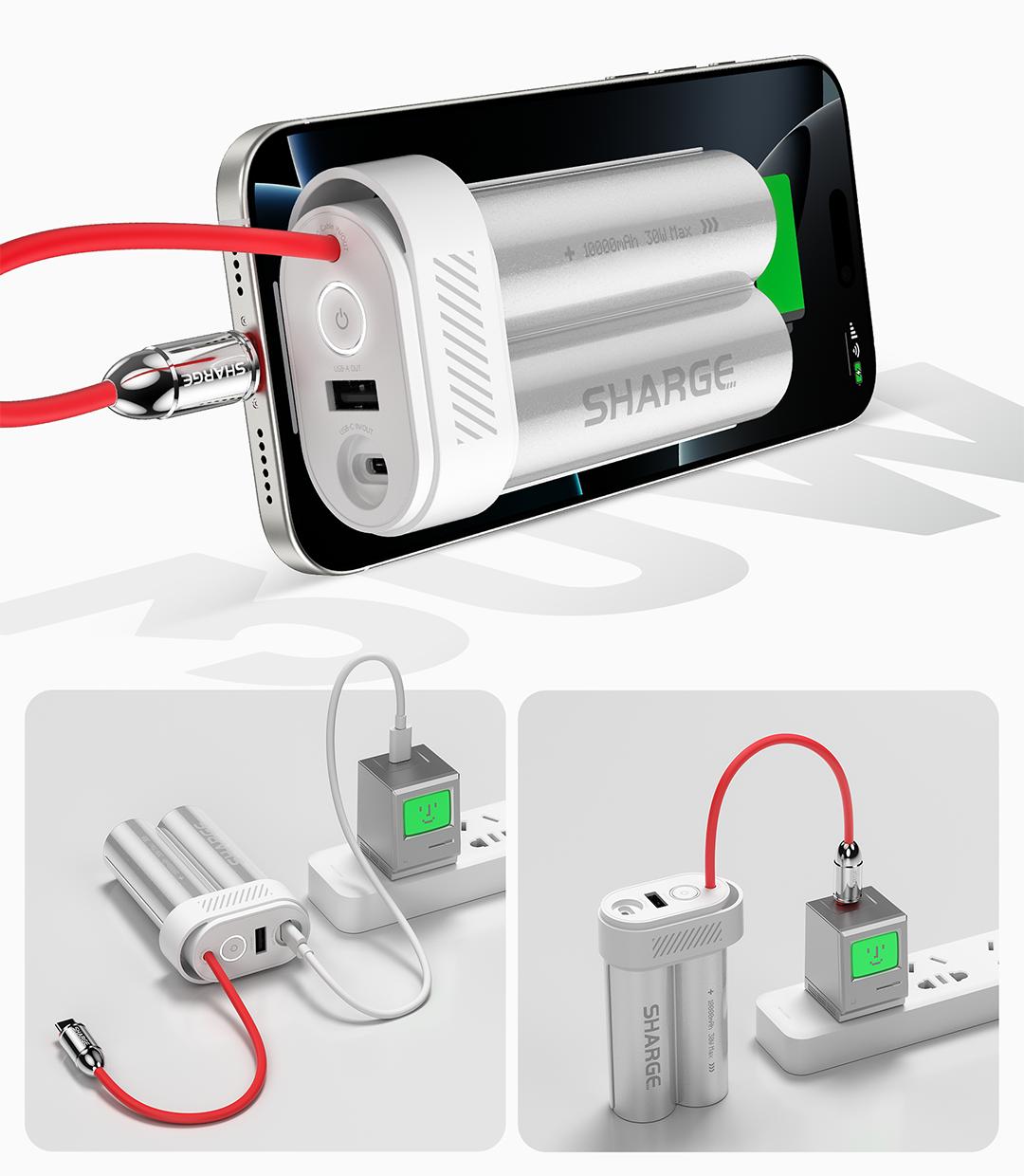 SHARGE Power Bank 10000mAh 30W Portable Charger with Built-in Type C Cable USB-C and USB-A Port Battery Pack for iPhone 17/16/15 Galaxy S25 iPad Pixel 9