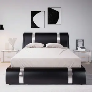 Allewie Modern Faux Leather Upholstered Platform Bed Frame, Adjustable Headboard with Iron & Mirror Metal Decor, Sturdy Wooden Slats, No Box Spring Needed, Twin/Full/Queen/King Size, Black & White for Bedroom Home Decor