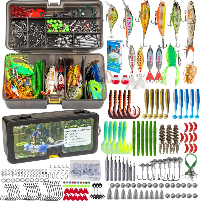 THKFISH 299pc Tackle Box - Comprehensive Fishing Equipment Set with Lifelike Soft/Hard Swimbaits, Tiny Crankbaits, Frogs, Chatterbaits, Artificial Lure Accessories, Freshwater Use, Perfect Gift for Fishing Enthusiasts (Beginners)