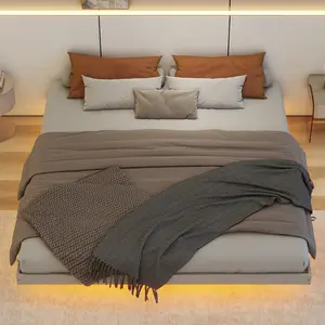 Full /King/Queen  Size Floating Bed with LED Lights Underneath,Modern King Size Low Profile Platform Bed with LED Lights,Natrual ，white，grey