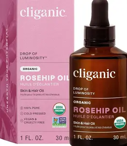 Cliganic Organic Rosehip Seed Oil for Face, 100% Pure | Natural Cold Pressed Unrefined Non-GMO | Carrier Oil for Skin, Hair & Nails