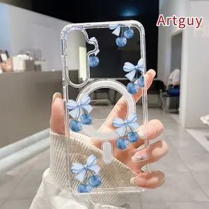 Magnetic Phone Case Supports Wireless Charging for Samsung Galaxy S26 Edge S23 Ultra S24 Plus FE S25 S22+ Blue cherry bows Pattern Non-Yellowing Shockproof Soft Silicone Transparent Acrylic Large Hole Cover