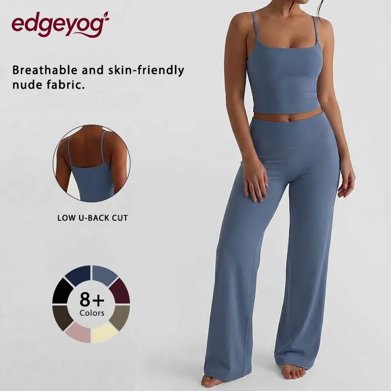 EDGEYOG Women's 2-Piece Quick Dry Knitting Sports Set - Padded Tank Top Jersey, High-Waist Above-The-Knee Straight Leg Pants, Women's Clothes Outfit Sets for Pilates, Gym Workout