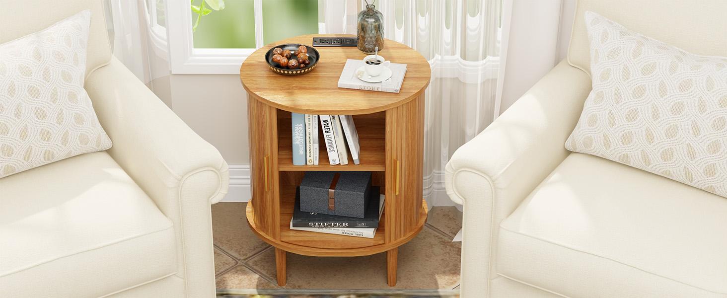 DHH Modern Yellow Oak Oval Nightstand with Charging Station, Aesthetic Bedside Table with Power Outlets, Versatile Fluted End Table for Living Room, Bedroom & Entryway