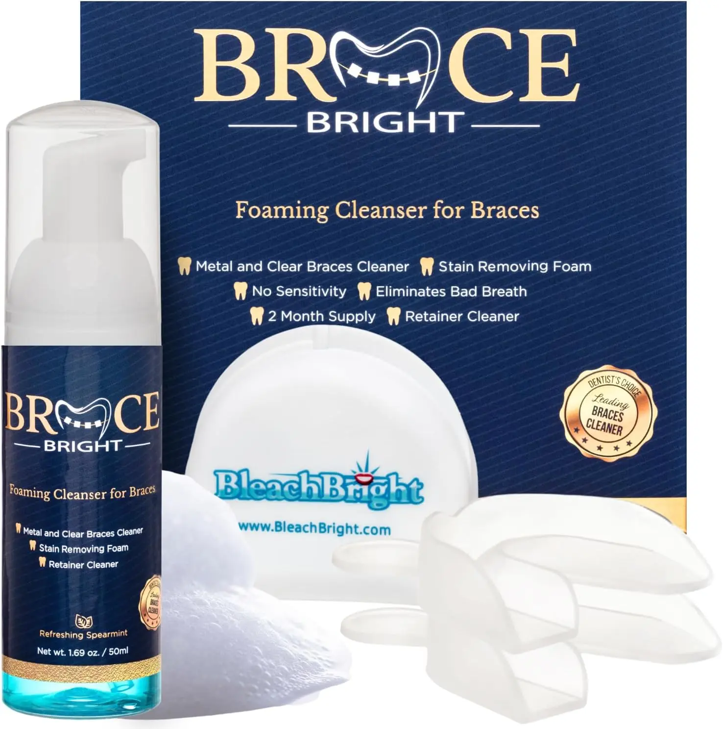 BleachBright Foaming Cleaner for Braces - Stain Removing Foam, No Sensitivity, 2 Month Supply, Gentle on Teeth & Gums, Easy Use, Metal & Clear Braces Safe