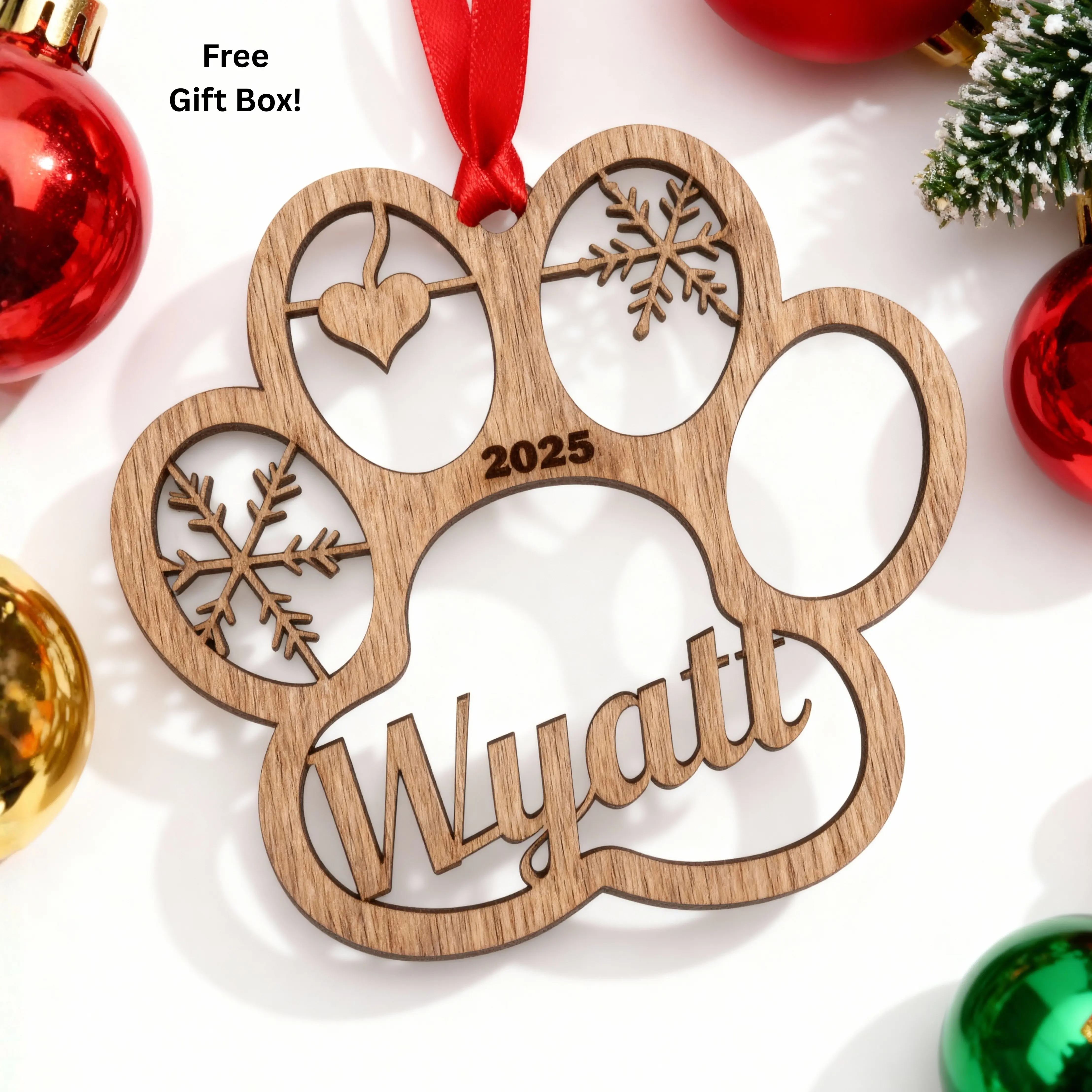 Personalized Dog Ornament Custom Pet Gift for Dogs Cats Christmas Decoration with Name Date Engraved Paw Shape Keepsake 2025 Free Gift Box - Friend