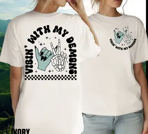 Vibin With My Demons Shirt Skeleton Hand Shirt Y3k Halloween Retro Halloween Funny Vintage Inspired Tee Spooky Season TK43GN