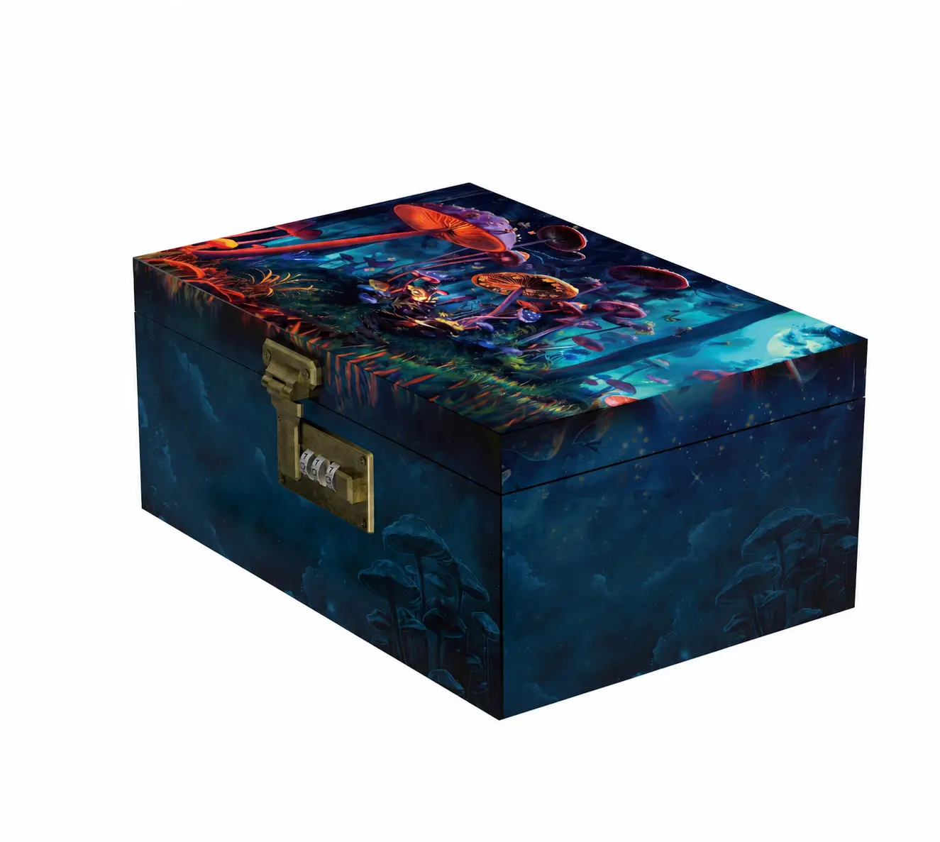 Large Bamboo Box with Combination Lock, Wooden Printed Decorative Storage Box, Storage Lock Box as Great Gift Choice, Lockable Keepsake Box for Storage Trinkets, Coffee Beans, Tea etc(Mushroom)