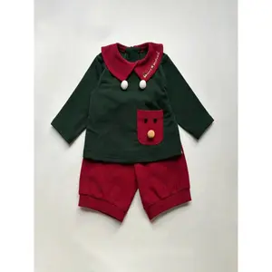 2025 New Christmas Children's Clothing Long Sleeve Pure Cotton Red and Green Set Christmas Boys and Girls Cute Set