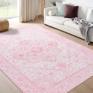Vintage Floral Area Rugs For Living Room Bedroom, Pink Soft Washable Printed Rug For Living Room Indoor Non Slip Stain Resistant Carpet For Dining Room Boho Rug For Home Decor Aesthetic