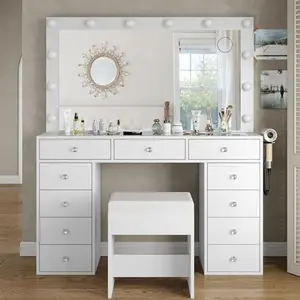 Vanity Desk & Power Outlet Makeup Vanity with Mirror 12 LED Lights 11 Drawers Adjustable Brightness 3 Lighting Modes White Set
