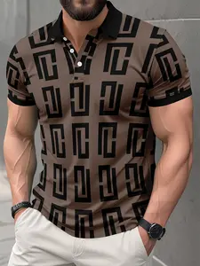 Men's Full Print Geometric Fitted Polo Shirt, Trendy Casual Sports Short Sleeve, Perfect for Office and Daily Wear, Comfortable Breathable Summer Top