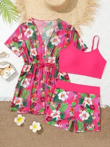 Teen Girls Tropical Print Bikini Set With Matching Kimono Cover Up for Summer Beach Vacation