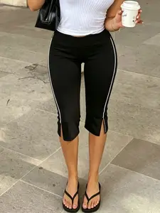 Split Slim Sexy Basic Casual Capris Pants Bottoms Streetwear Commute Casual Commuter Pants Low Waist 90s All-match Mid-Length Pants Summer Fashion Elastic Clothings Casual Fit Trousers