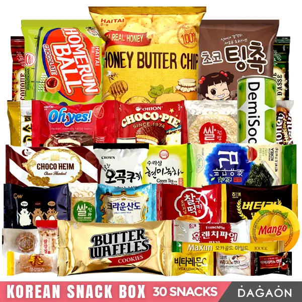 Korean Snack Box - Dagaon 30 Variety of Korean Treats. Chips, Drinks, Biscuits, Cookies, Pies, Candies, Jellies and More - Multipack, Gift, Sweet and Savory
