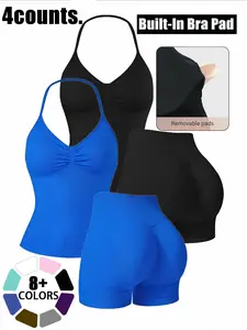 Qfen Sport Women's Tank Top and Shorts Set, Comfortable Fitness Wear, Activewear, Solid Color, High Waist, Sleeveless, Ideal for Workout Training