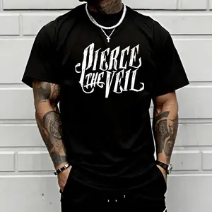 Men’s oversized band graphic T-shirt, “Pierce The Veil” gothic-style tee, casual streetwear, loose-fit short-sleeve shirt for music lovers, urban fashion, everyday wear and weekend outings.