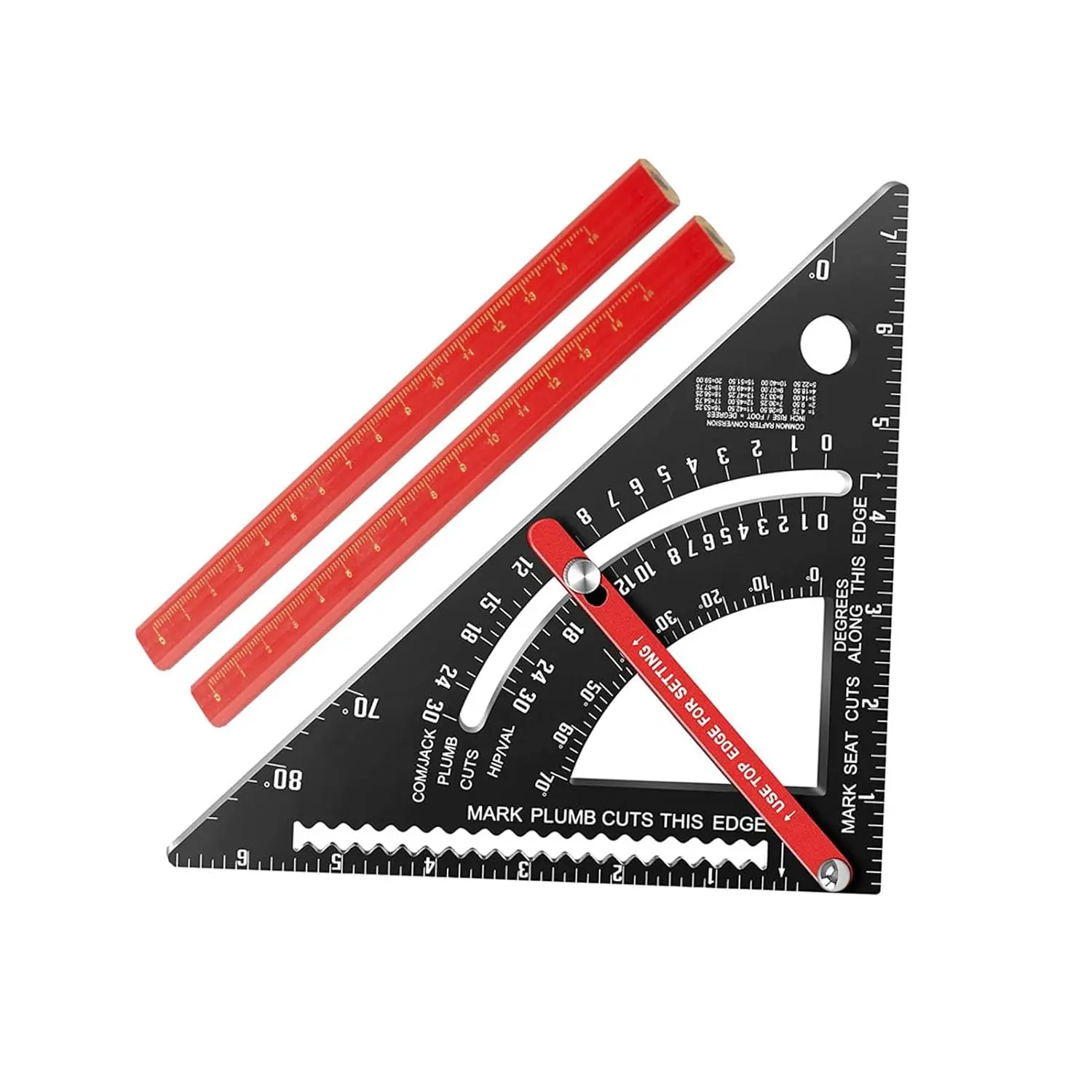 7-Inch Aluminum Multifunctional Rafter Tool, 80° Angle Adjustable Triangle Ruler Combination Protractor with 2 Pencils, Metal Right Angle Ruler for Carpentry, Wood Design, Multifunctional Tool, 80° Angle Adjustability