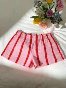 Women's Pink Vertical Striped Shorts, Cute Casual Elastic Waist Shorts, Suitable For Summer Beach And Casual Loungewear Outfits