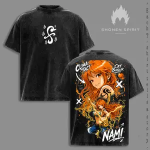Nami – One Piece Vintage Washed T-Shirt, Cat Burglar Anime Graphic Tee, Clima Tact Weather Queen Design Oversized Heavyweight Cotton Streetwear