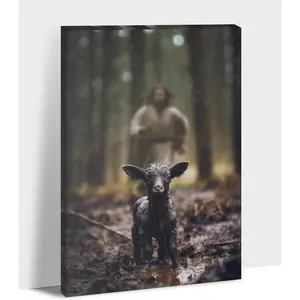 Jesus and Lamb Canvas Wall Art, Jesus Running After Lost Lamb Painting Picture Decor Room Ornaments Decoration Photo Artistic