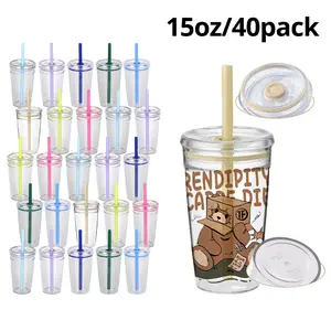 40-Pack 15oz Acrylic Cups with Color Lids and Straws, Plastic Iced Tumblers with Colored Straws, Portable Kitchenware Drinkware for Coffee, Milk, US Warehouse Stock