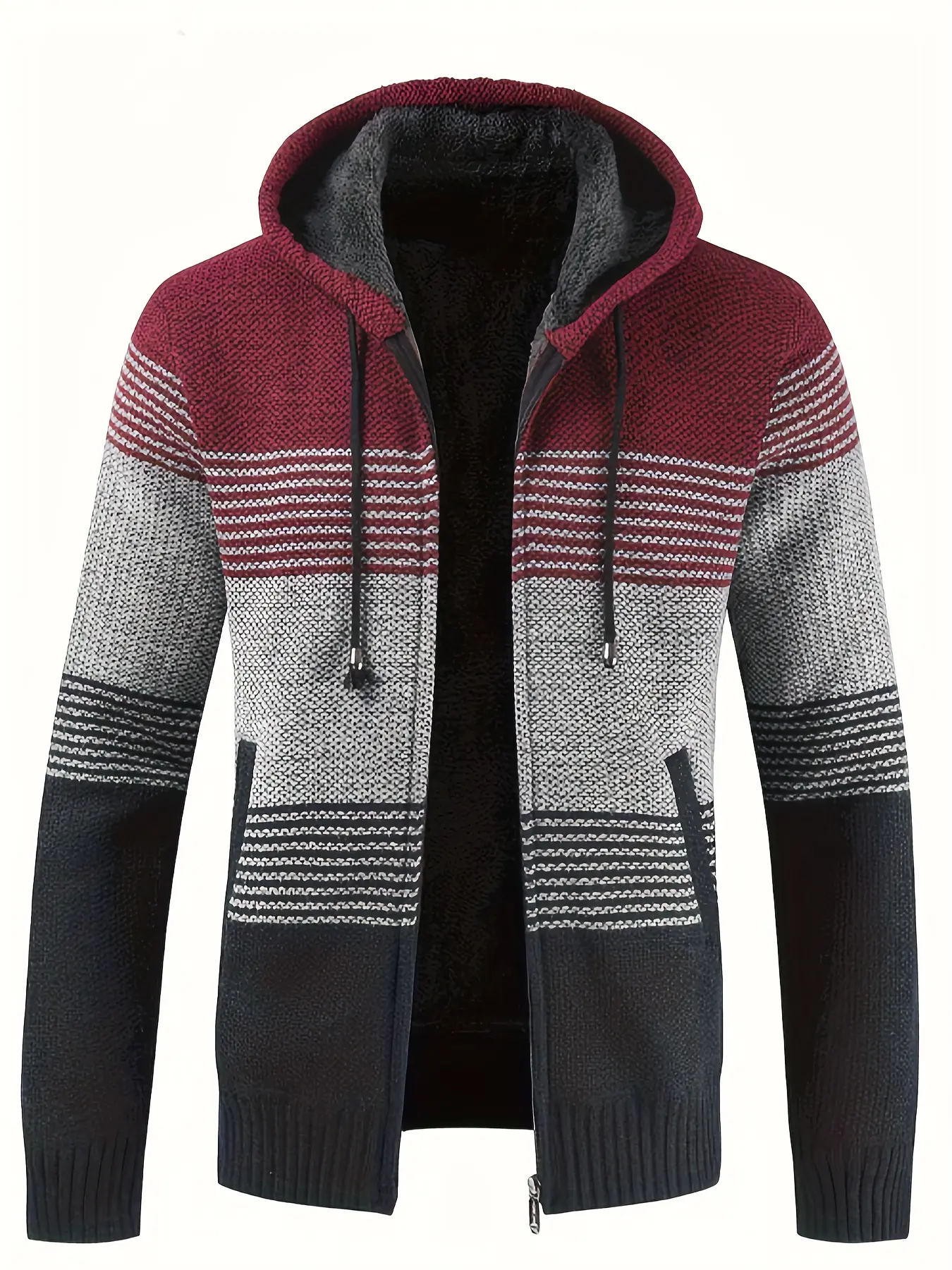 Men's new zipper hooded drawstring knitted cardigan long sleeve sweater, multi-color stripes splicing design, soft and comfortable, winter warm fabric, suitable for outdoor travel daily leisure, Colorblock Hoodie