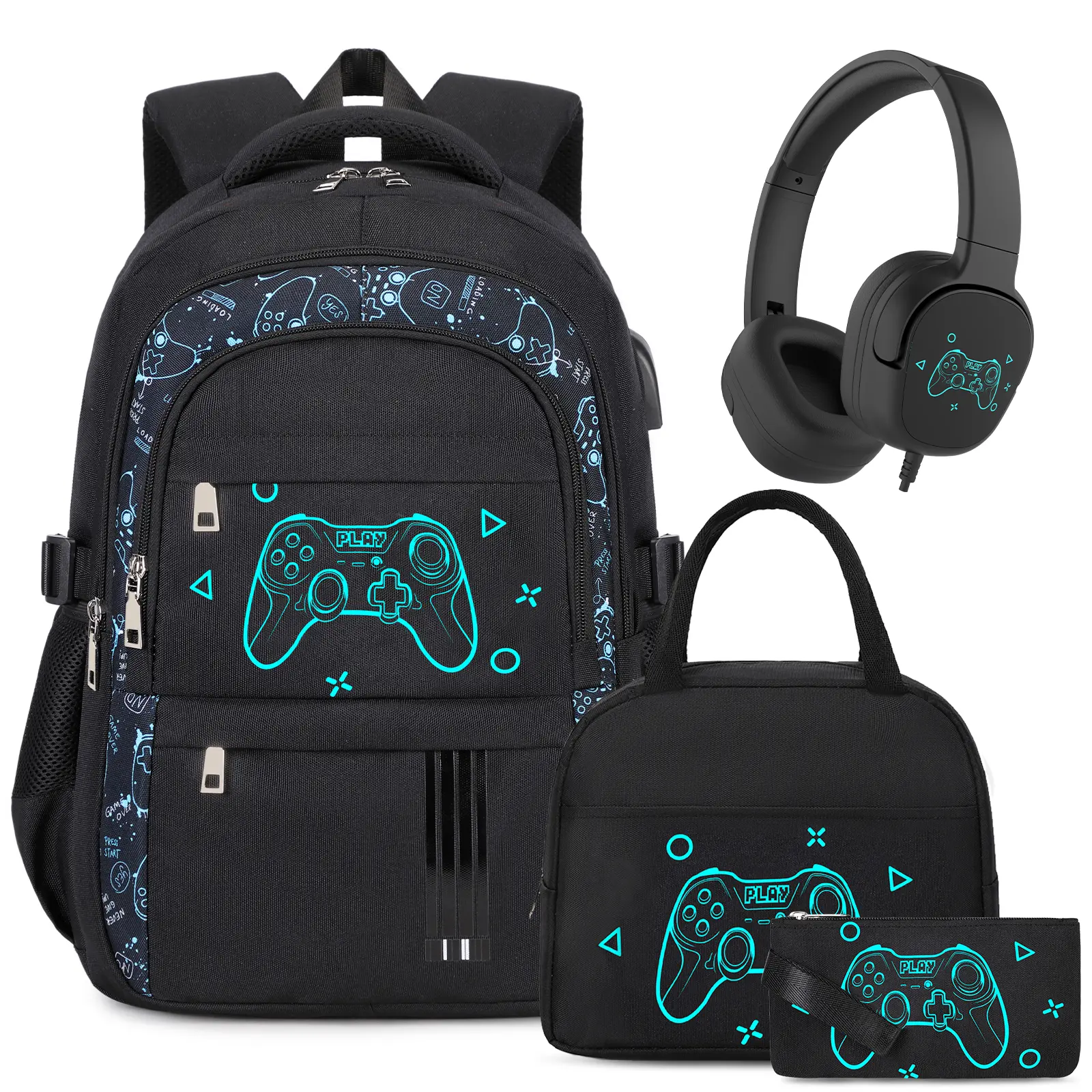 SIMILOVE Boys' 4PCS Racing Car Backpack Set for Elementary Students - Back to School Haul, School Shopping Boy Bags with Lunch Bag, Pencil Pouch, Headphones, Glow-in-Dark Design, USB Charger Port, Organized Pockets, Adjustable Strap, Durable Fabric