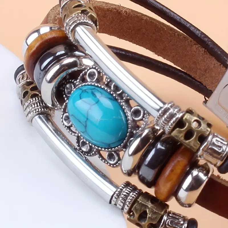 Vintage Ethnic Green Turquoise Beaded Wristband Bohemian Green Turquoise Beaded Multi-layer PU Leather Stainless Steel Buckle Bracelet