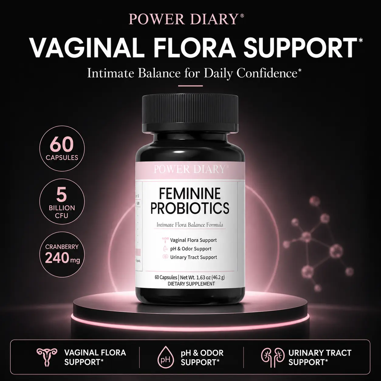 POWER DIARY Feminine Probiotics for Women, Feminine Flora Support, pH & Odor Balance Support, Urinary Tract Wellness Support, Cranberry, D-Mannose & Lactobacillus Blend, 60 Capsules