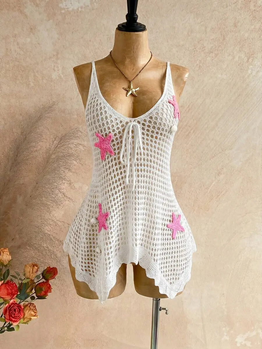 Women's Crochet Knit Beach Cover Up Dress, Starfish Hollow Out Swim Cover Up, Sleeveless Boho Vacation Bikini Coverup for Resort & Beach