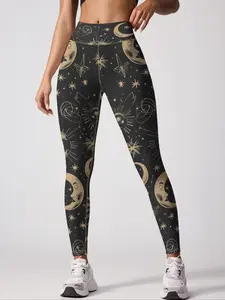 Women's High Waist Star Moon Pattern Yoga Pants, Sexy Tight-Fitting Workout Leggings, Elastic Outerwear Running Trousers, Breathable Leggings