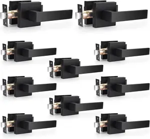 Matte Black Passage Door Levers Square Hall Closet Handles, Heavy Duty Interior Non-Locking Lever Sets, Reversible for Right & Left Side, 10 Pack