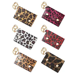 New Leopard Print PU Leather  Charm, Women's Zero Wallet Card Holder Handbag Document Bag, Metal Studs Phone Purse Hanging Accessory Gift