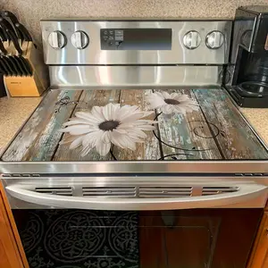 1pc Stove Cover Protector, Spring, Rustic Wood Background with White Daisies and Butterfly Pattern, Easy to Clean for Kitchen, Washing Machine, Dryer, Stovetop Panel Protector
