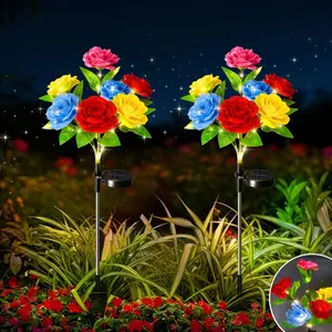 New Solar LED Rose Flower Lamp, Warm Light, 7 Head Roses, Realistic Flower Decorative Lights, Light Control, Night Automatic On, Outdoor Garden, Solar Post Lights