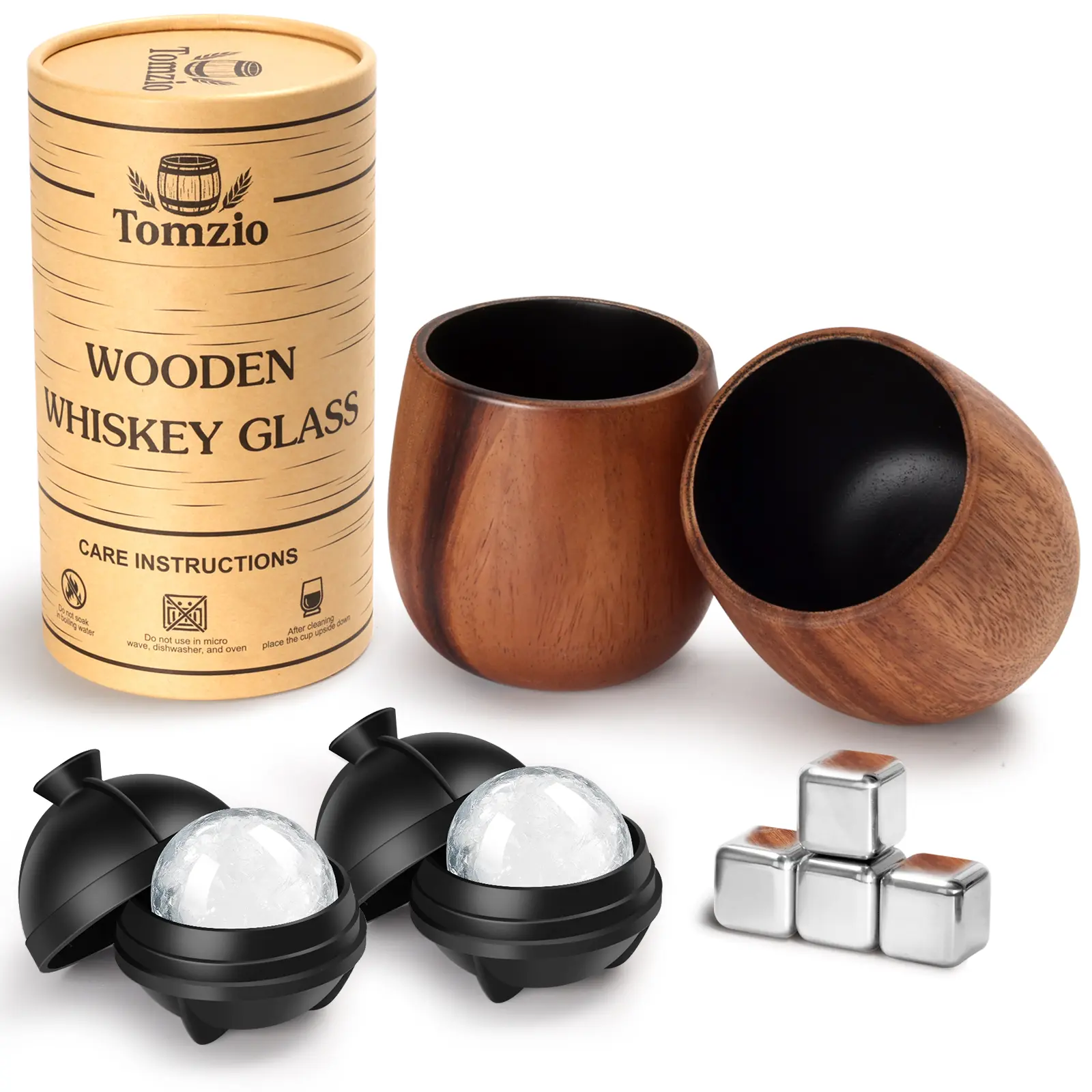 Tomzio Rustic Charred Acacia Whiskey Tumbler Set (2-Piece, 11oz) - Handcrafted Durable Bourbon Glasses, 4 Stones, 2 Ice Ball Molds - Unique Holiday Gifts for Adults