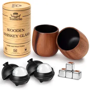 Tomzio Charred Wooden Bourbon Drinking Glass Set of 2,11oz Handcrafted Premium Acacia Whiskey Tumbler,4 Stones & 2 Ice Ball Molds,Charred Old Fashioned Glass,Unique Bourbon Gifts for Men present Drinkware perfect holiday gift