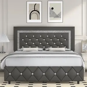Twin/ Full/ Queen/ King Size Bed Frame, Upholstered Bed Frame With Diamond Headboard And Footboard, White/ Beige/ Black/ Grey/ Pink/ Purple/ Green