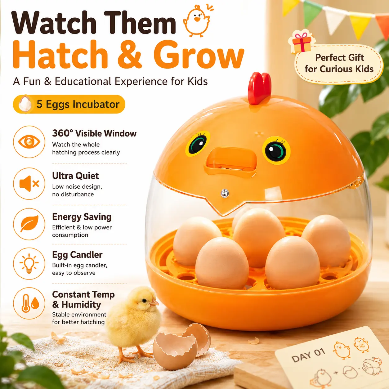5-Egg Poultry Incubator for Home Use, 360° Window, Built-in Egg Candler | Farm Animal & Pet Supplies Accessory, 5 Eggs Incubator