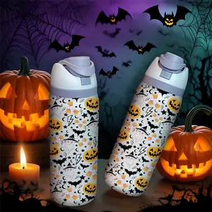 Halloween Bat Pumpkin Head Water Bottle, 32oz Stainless Steel Vacuum Insulated Flask, Large Capacity Fruit Cup, Perfect Gift for Women, Drinkware