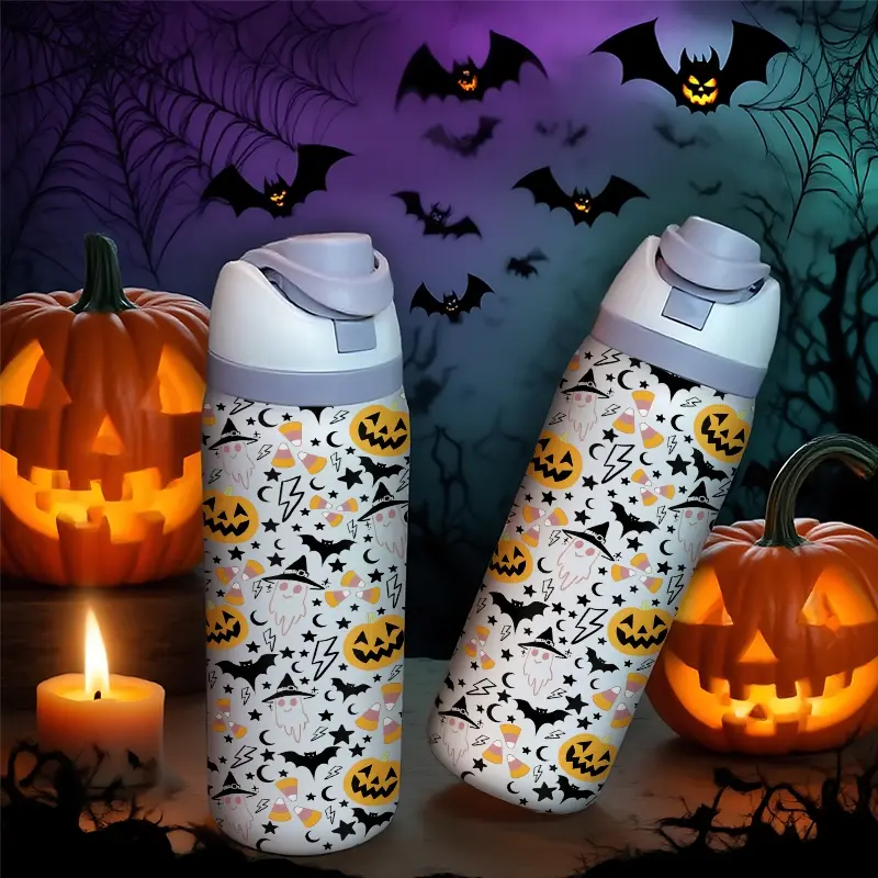 Halloween Bat Pumpkin Head Water Bottle, 32oz Stainless Steel Vacuum Insulated Flask, Large Capacity Fruit Cup, Perfect Gift for Women, Stylish Gothic Fantasy Tumbler, Stainless Steel Tumbler, Travel Tumbler, Drinkware