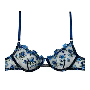 Navy Floral Embroidered Bra with Adjustable Straps and Sheer Material - Womenswear soft comfortable