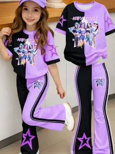 Girls' Casual Set, K-Pop Girl Group Q-Version Loose Tee & Bell-Bottom Pants, Loose Fit, Back-To-School, Concerts, Daily Wear, Summer