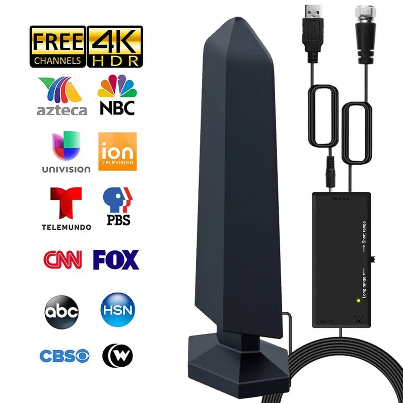 HWU Amplified Digital HDTV Antenna - Long Range with Signal Booster, 360° Reception, 4K/1080P Free Local Channels, HDMI Output, Telescopic Stand, Indoor/Outdoor for Smart TVs, Apartments, Detects New Channels Automatically, After-Sales Service Included